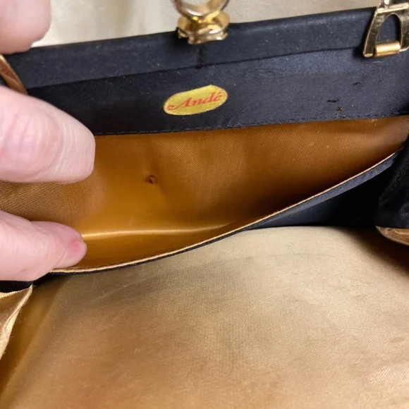 Vintage 1960s Andé Black Satin Evening Bag Gold Frame Collapsible Handle Clutch - Picture 4 of 9